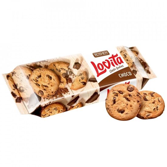 Biscuiti cu Bucati de Glazura de Ciocolata Roshen Lovita 150g