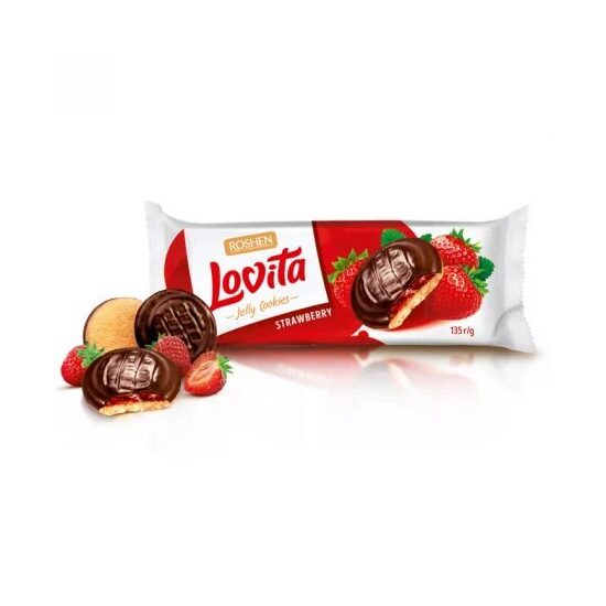 Biscuiti cu ciocolata si jeleu de capsuni Roshen Lovita, 135 g