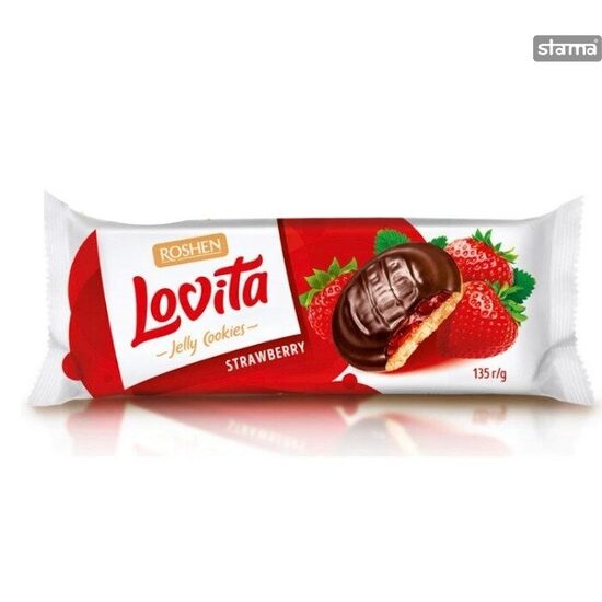 Biscuiti cu jeleu de capsuni si ciocolata Lovita Roshen, 135g