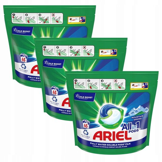 Detergent de rufe capsule Ariel All in One PODS Mountain Spring, 65 spalari
