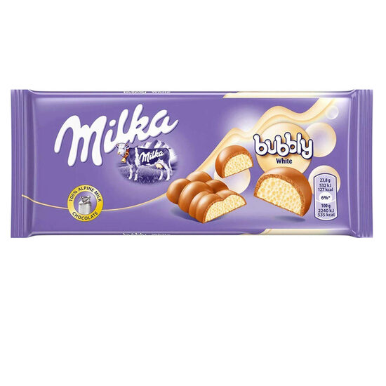 Ciocolata cu lapte alpin cu interior din ciocolata alba aerata Milka Bubbly 95g