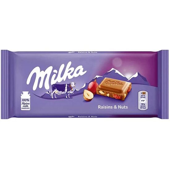 Ciocolata cu stafide si alune Milka, 90G