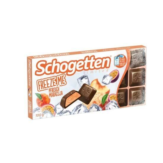 Tableta de ciocolată Schogetten Freeze Me, aromă piersici și fructul pasiunii, 100g