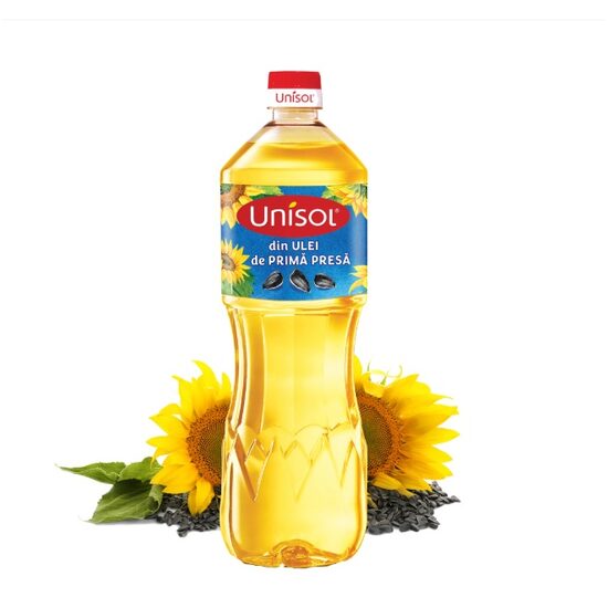 Ulei de floarea-soarelui Unisol 1L – 100% ulei de primă presă, rafinat și echilibrat
