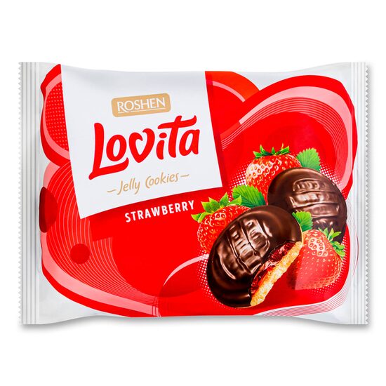 Biscuiti Lovita Căpșuni 420g – Ciocolată și jeleu aromat Roshen