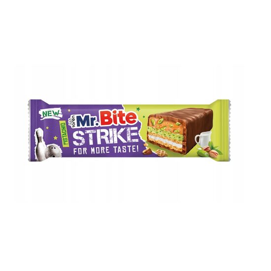 Mr. Bite Strike – Napolitană cu cremă de fistic și ciocolată cu lapte, 40 g