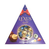 LEXUS – Bomboane de ciocolată cu lapte MIX cu cremă de alune și fructe | Cutie triunghiulară 120g