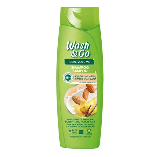 Sampon Wash & Go cu extract de vanilie, ulei de migdale si lapte ovaz pentru par uscat si deteriorat, 360 ml