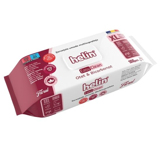 Servetele Umede Helin FLORAL Multisuprafete cu Otet si bicarbonat, 100 Buc, igienice, fara clor
