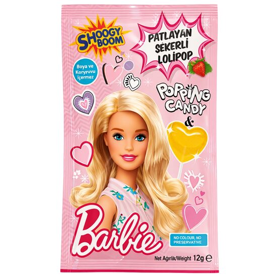 Acadea cu zahăr efervescent și aromă de căpșuni Barbie Popping Candy, 12 g