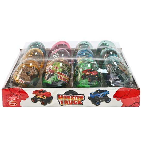 Set 12 Oua din plastic transparent cu jucarie si bomboane Monster Truck, 6g