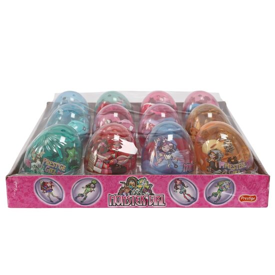 Set 12 Oua din plastic transparent cu jucarie si bomboane Monster Girl, 6g