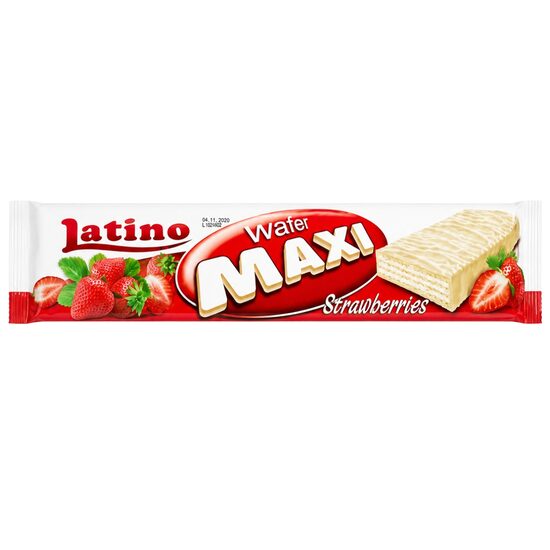 Latino Maxi – napolitane glazurate cu ciocolată albă și cremă de căpșuni, 60g