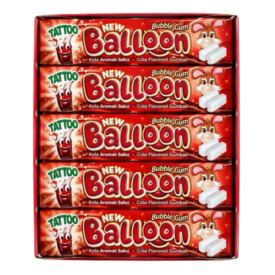 Guma de mestecat cu aroma de cola si tatuaj temporar surpirza New Balloon, 5 g x 20 buc