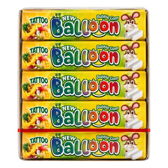 Gumă de mestecat cu aromă de Tutti Frutti și tatuaj temporar surpriză New Balloon, 5 g x 20 buc.